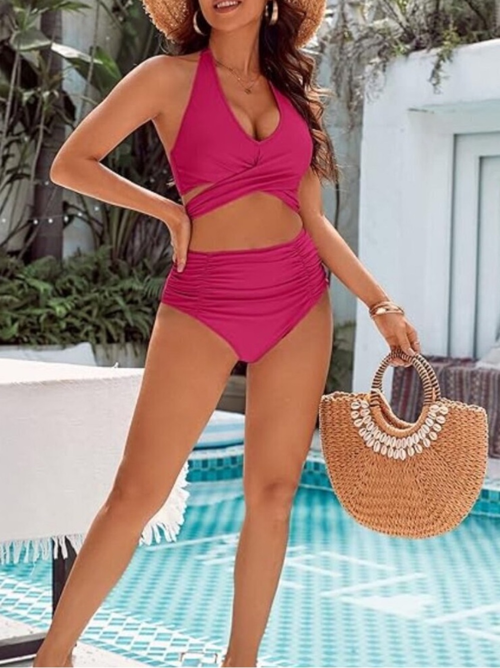 Blooming jelly Twist-Front Halter High-Waist Bikini in Magenta